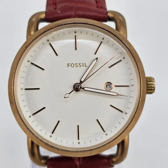 Fossil Women Watch 34MM Gold Dial Date New Red Leather Bands New Battery - Picture 4 of 16